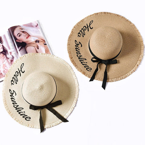 Embroidery Summer Straw Hat Women Wide Brim Sun Protection Beach Hat 2020 Adjustable Floppy Foldable Sun Hats for Women Ladies